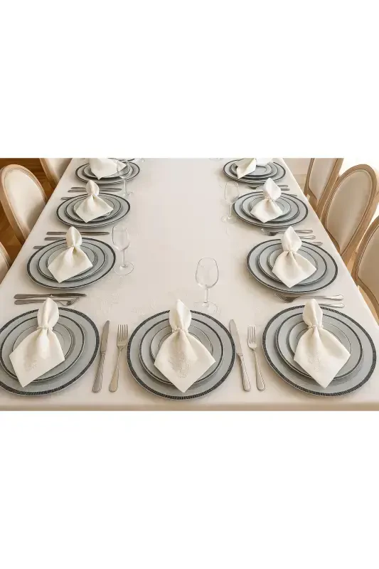 Demet Ecru 12-Person 26-Piece French Lace Dowry Dinner Tablecloth Set Runner Set - ECES DESIGN