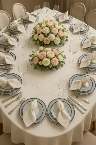 Demet Ecru 12-Person 26-Piece French Lace Dowry Dinner Tablecloth Set Runner Set - ECES DESIGN (1)