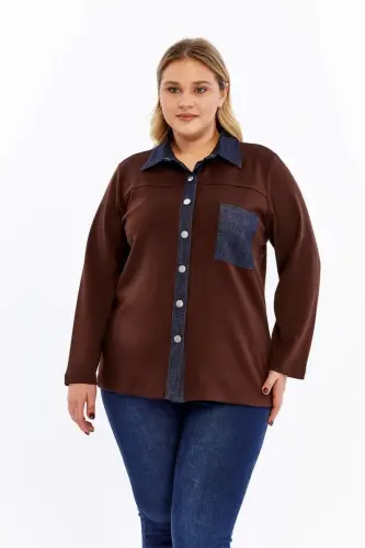Denim Jacket with Fur Brown Plus Size - 1