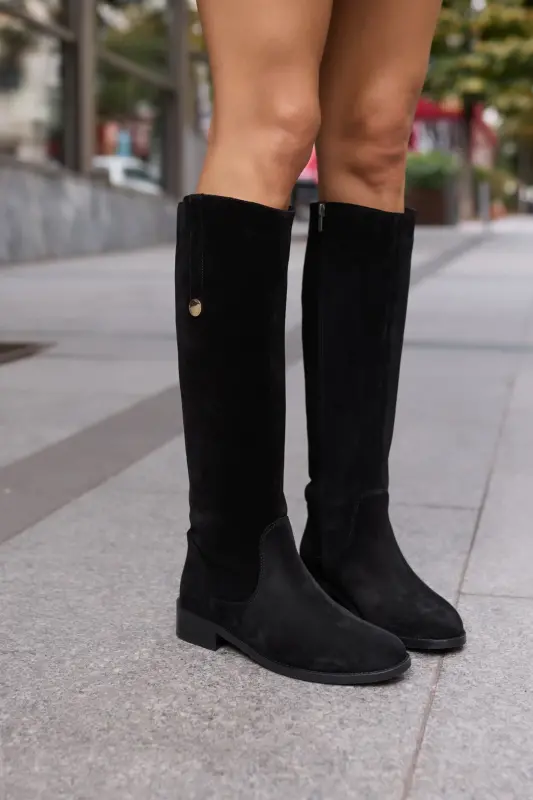 DENIM KADIN SIYAH GERCEK DERI SUET ARKA LASTIK DETAY CIZME-Siyah SUET - 1