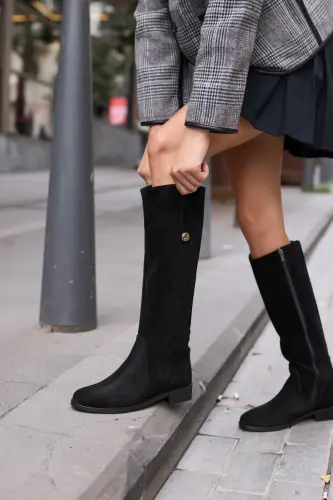 DENIM KADIN SIYAH GERCEK DERI SUET ARKA LASTIK DETAY CIZME-Siyah SUET - 3