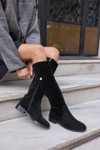 DENIM KADIN SIYAH GERCEK DERI SUET ARKA LASTIK DETAY CIZME-Siyah SUET - 5