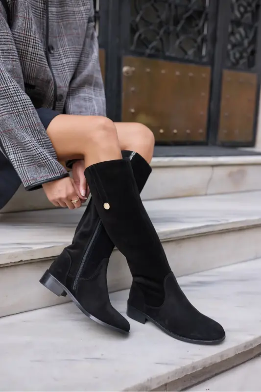 DENIM KADIN SIYAH GERCEK DERI SUET ARKA LASTIK DETAY CIZME-Siyah SUET - 5