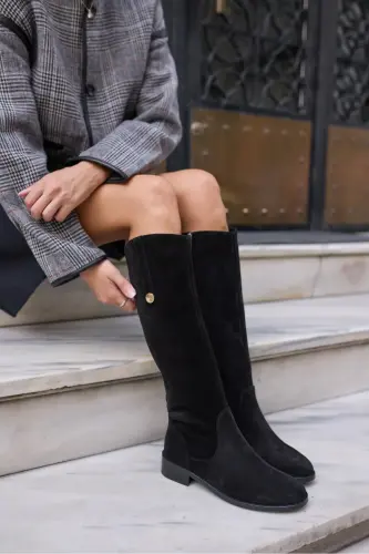 DENIM KADIN SIYAH GERCEK DERI SUET ARKA LASTIK DETAY CIZME-Siyah SUET - 6