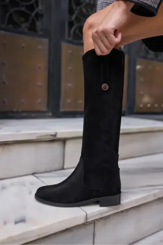 DENIM KADIN SIYAH GERCEK DERI SUET ARKA LASTIK DETAY CIZME-Siyah SUET - 8