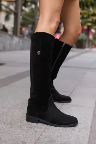 DENIM KADIN SIYAH GERCEK DERI SUET ARKA LASTIK DETAY CIZME-Siyah SUET - ANGELİNA JONES (1)