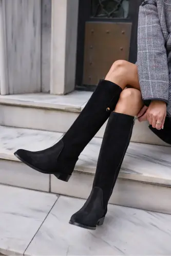 DENIM KADIN SIYAH GERCEK DERI SUET ARKA LASTIK DETAY CIZME-Siyah SUET - 4