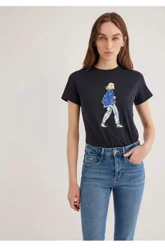 denim kız baskılı yarı dar kesim kadın t-shirt - Antrasit - 1