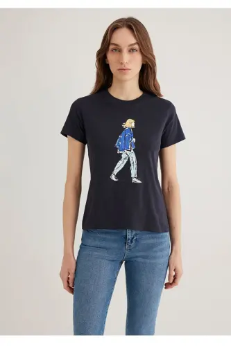 denim kız baskılı yarı dar kesim kadın t-shirt - Antrasit - 2