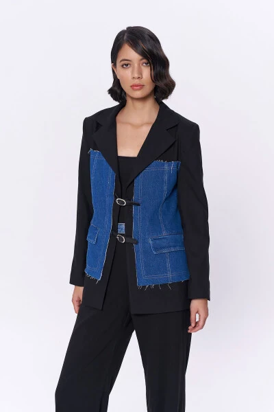 Denim Match Blazer Jacket with Belt Accessory Black - Modazone