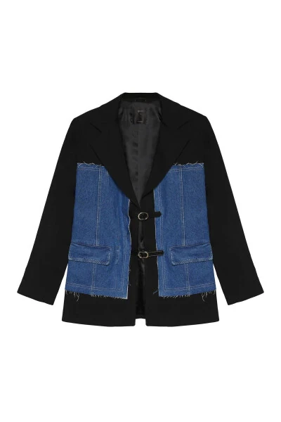 Denim Match Blazer Jacket with Belt Accessory Black - Modazone (1)