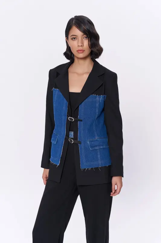 Denim Match Blazer Jacket with Belt Accessory Black - QUZU