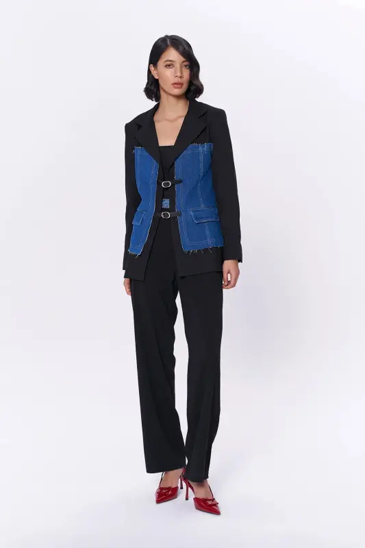 Denim Match Blazer Jacket with Belt Accessory Black - 4