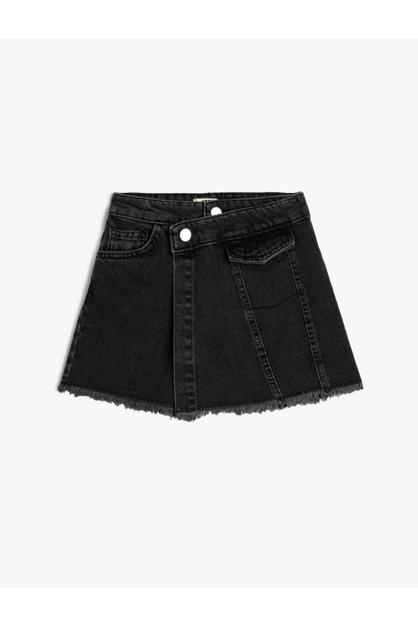 Denim Shorts with Skirt Pocket, Buttoned Wrap, Cotton, Elastic Waist - 18