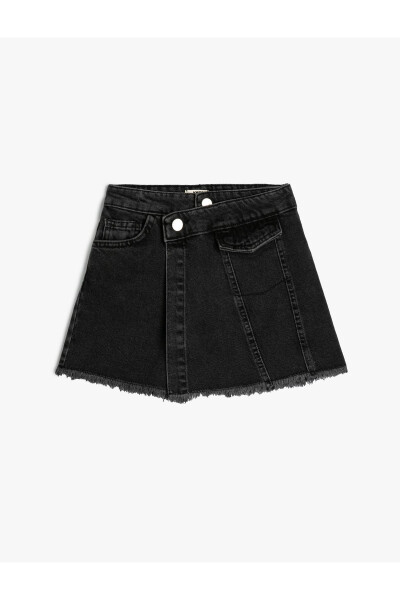 Denim Shorts with Skirt Pocket, Buttoned Wrap, Cotton, Elastic Waist - 8