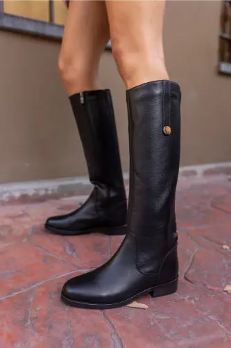 Denim Women's Black Genuine Leather Boots-BLACK - 3