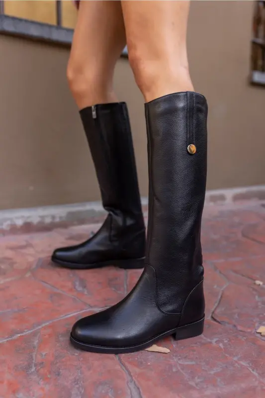 Denim Women's Black Genuine Leather Boots-BLACK - 3