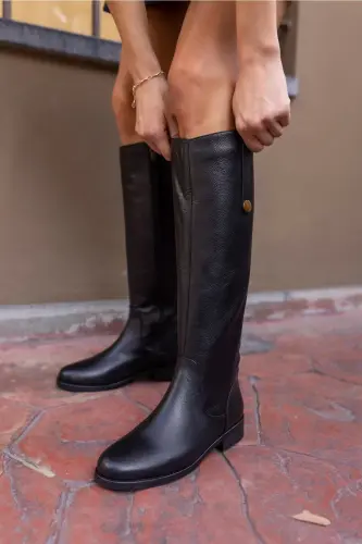 Denim Women's Black Genuine Leather Boots-BLACK - 4