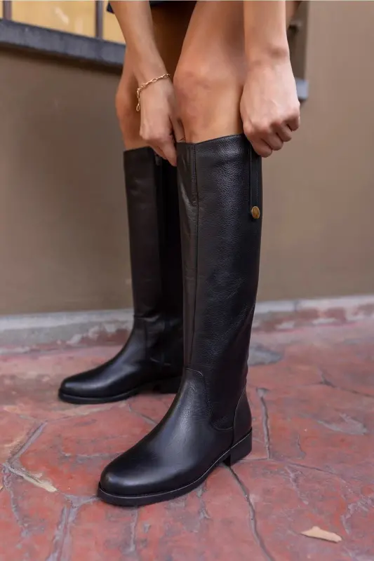 Denim Women's Black Genuine Leather Boots-BLACK - 4