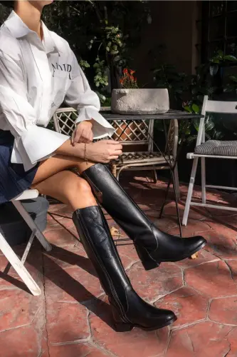 Denim Women's Black Genuine Leather Boots-BLACK - 8