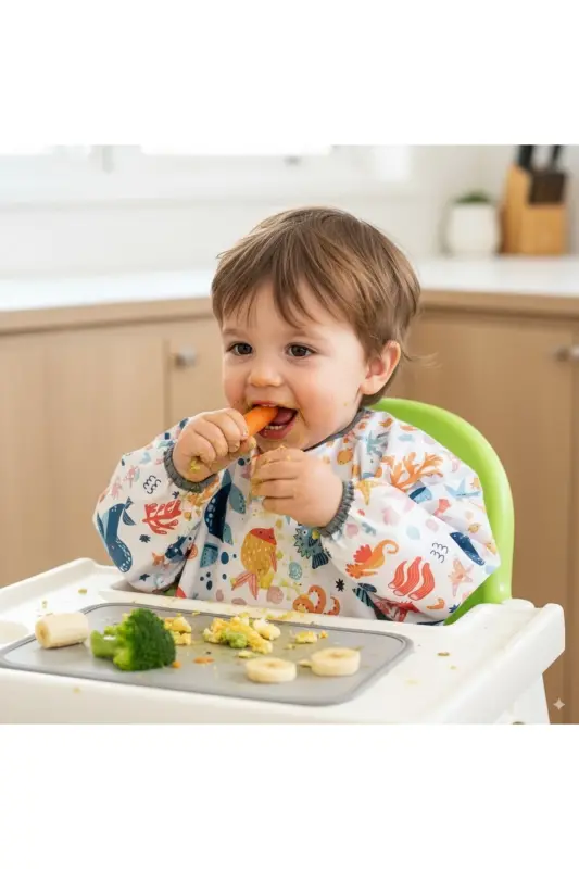 Sea Desen, 6-24ay, Uzun Kollu, Sıvı Geçirmez, Cepli, Cırtlı Bebek Aktivite, Mama Önlüğü - YORNI