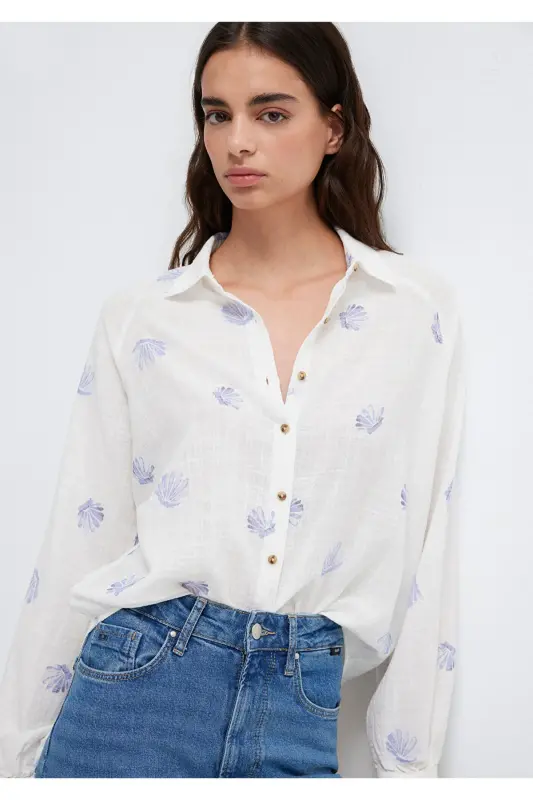 Deniz Kabuğu Baskılı Ekru Gömlek Loose Fit / Bol Rahat Kesim 122514-91497-Mavi - MAVI