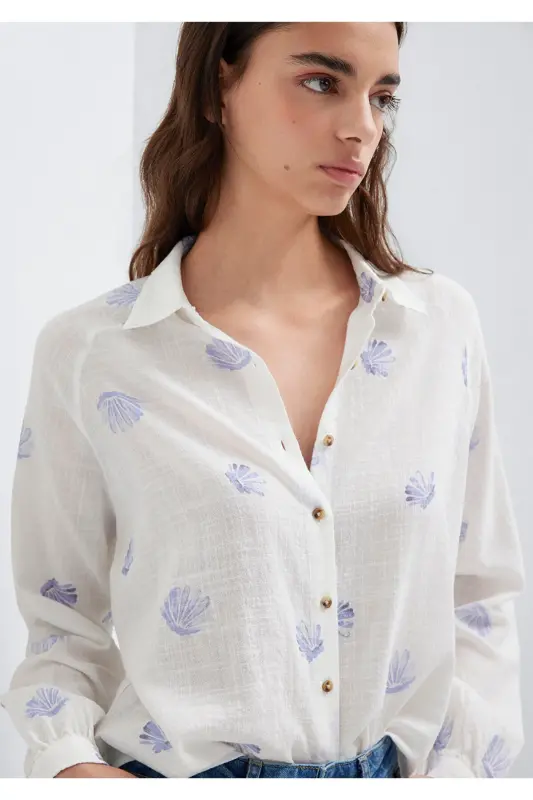 Deniz Kabuğu Baskılı Ekru Gömlek Loose Fit / Bol Rahat Kesim 122514-91497-Mavi - 2