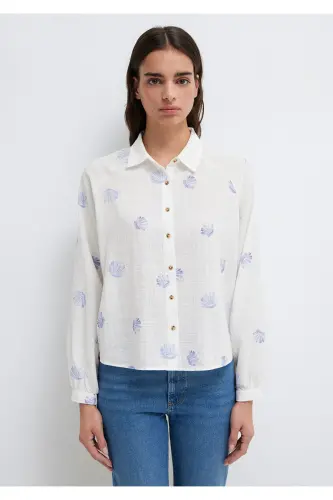 Deniz Kabuğu Baskılı Ekru Gömlek Loose Fit / Bol Rahat Kesim 122514-91497-Mavi - 3