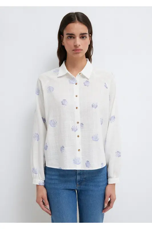 Deniz Kabuğu Baskılı Ekru Gömlek Loose Fit / Bol Rahat Kesim 122514-91497-Mavi - 3