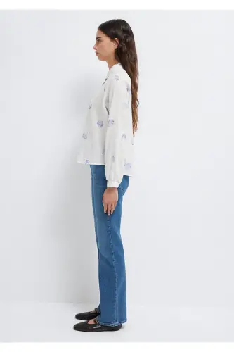 Deniz Kabuğu Baskılı Ekru Gömlek Loose Fit / Bol Rahat Kesim 122514-91497-Mavi - 4