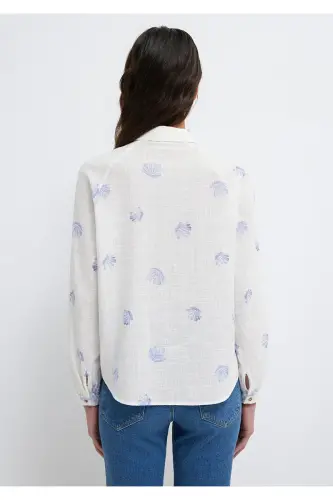 Deniz Kabuğu Baskılı Ekru Gömlek Loose Fit / Bol Rahat Kesim 122514-91497-Mavi - 5