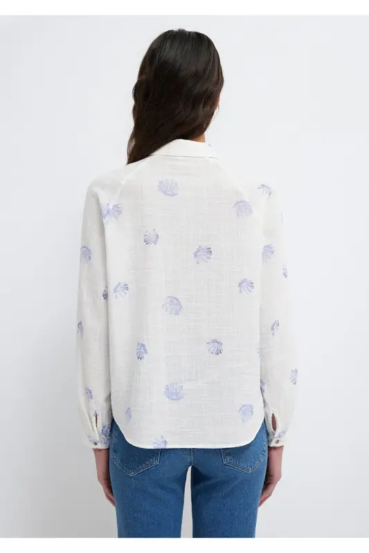 Deniz Kabuğu Baskılı Ekru Gömlek Loose Fit / Bol Rahat Kesim 122514-91497-Mavi - 5