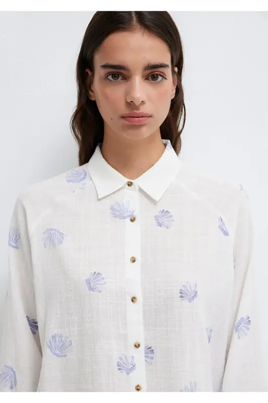 Deniz Kabuğu Baskılı Ekru Gömlek Loose Fit / Bol Rahat Kesim 122514-91497-Mavi - 6