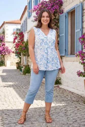 Deniz Kabuğu Desenli Önü Pileli Büyük Beden Kolsuz Bluz Mavi - 3