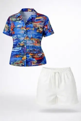 Deniz Temalı Desenli Kısa Kol Gömlek Şort Takım Yazlık Rahat Kalıp - Desenli - BÜYÜKBEDENIZ (1)