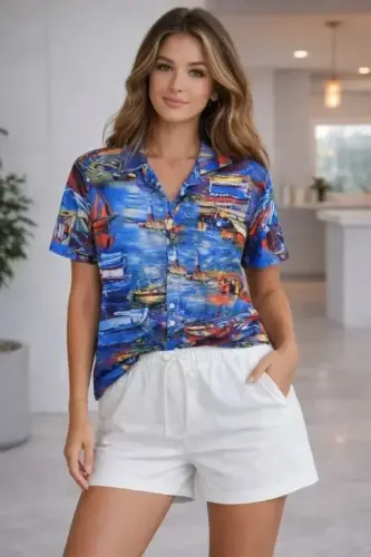 Deniz Temalı Desenli Kısa Kol Gömlek Şort Takım Yazlık Rahat Kalıp - Desenli - 1