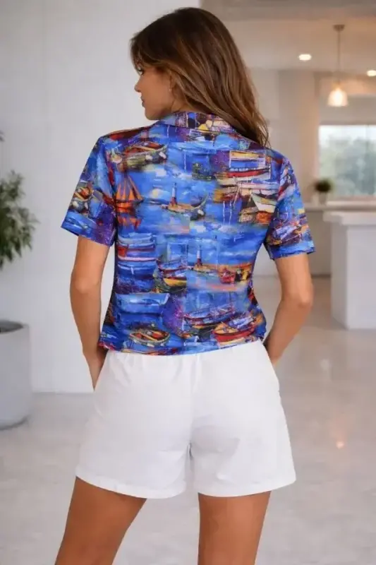 Deniz Temalı Desenli Kısa Kol Gömlek Şort Takım Yazlık Rahat Kalıp - Desenli - 3