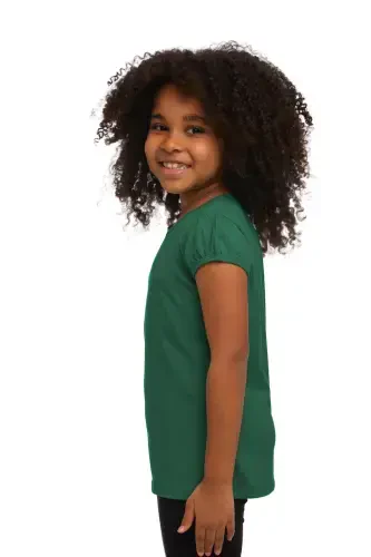 Deniz Yeşili Basic Kız Çocuk Sıfır Yaka Karpuz Kol Tişört-PINE KHAKI - 2