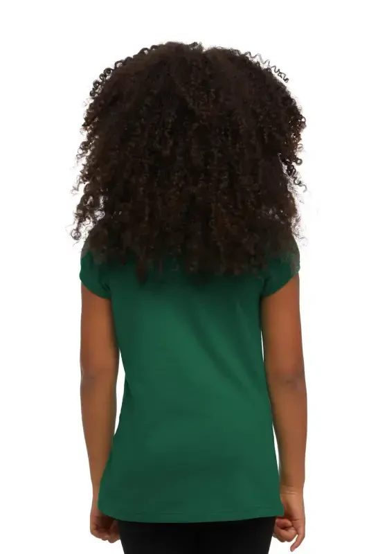 Deniz Yeşili Basic Kız Çocuk Sıfır Yaka Karpuz Kol Tişört-PINE KHAKI - 3