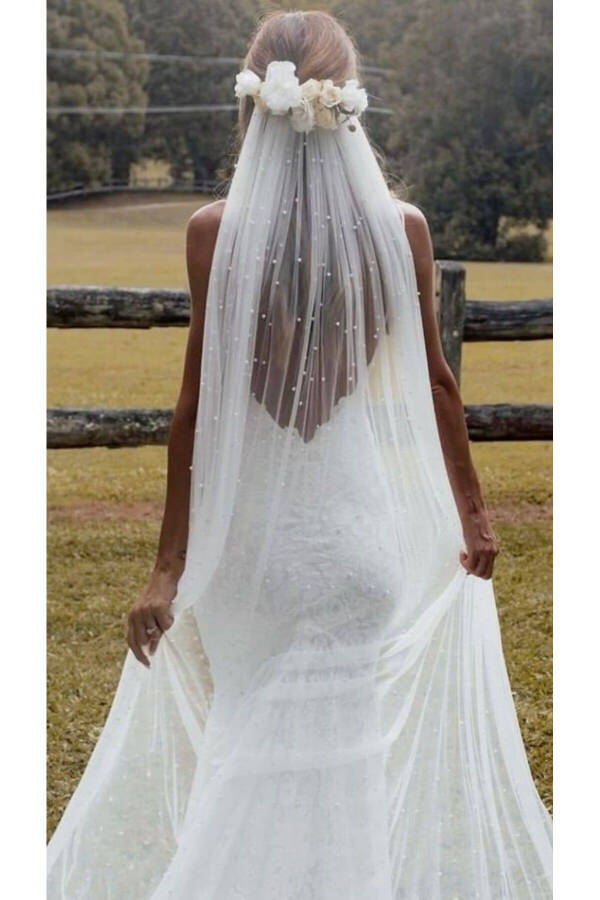 Dense Beaded Veil 2 Meter Length 1.5 Width - Straight Cut Medium Length Veil, Veil, tulle, Off-White - 50