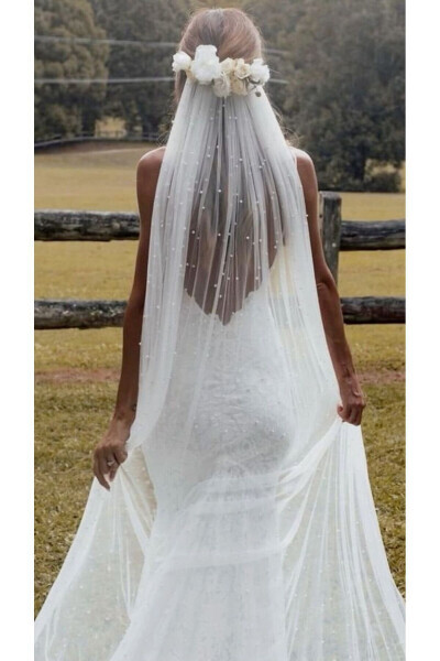Dense Beaded Veil 2 Meter Length 1.5 Width - Straight Cut Medium Length Veil, Veil, tulle, Off-White - JETDUKKAN