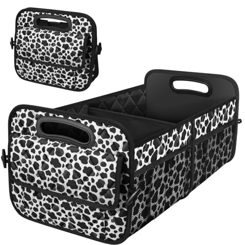 Deosk Car Organizer for SUV - 6 Big Pocket Trunk Storage With Waterproof Polyester, Car Accessories for Women/Men, Cow Print (Medium) 