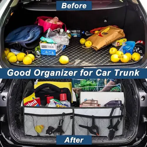 Deosk Car Trunk Organzier and Storage with 6 Big Pocket,Car Accessories for Women/Men 70L Waterproof Polyester Trunk Organzier for Car/SUV/Minivan/Truck(Large, Beige) - 6