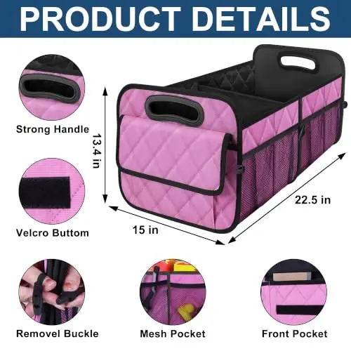 Deosk Car Trunk Organzier and Storage with 6 Big Pocket,Car Accessories for Women/Men 70L Waterproof Polyester Trunk Organzier for Car/SUV/Minivan/Truck(Large, Pink) - 4
