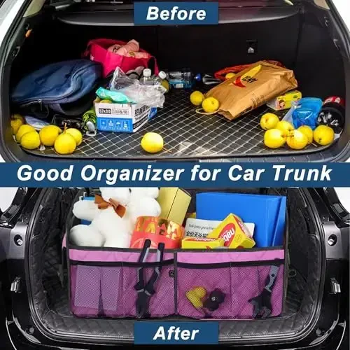Deosk Car Trunk Organzier and Storage with 6 Big Pocket,Car Accessories for Women/Men 70L Waterproof Polyester Trunk Organzier for Car/SUV/Minivan/Truck(Large, Pink) - 6