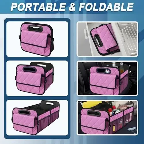 Deosk Car Trunk Organzier va 6 ta katta cho'ntagi bo'lgan saqlash joyi, Ayollar/erkaklar uchun avtomobil aksessuarlari 70L suv o'tkazmaydigan polyester avtomobil/SUV/Miniven/Yuk mashinasi uchun bagaj (Katta, pushti) - 4