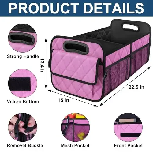 Deosk Car Trunk Organzier va 6 ta katta cho'ntagi bo'lgan saqlash joyi, Ayollar/erkaklar uchun avtomobil aksessuarlari 70L suv o'tkazmaydigan polyester avtomobil/SUV/Miniven/Yuk mashinasi uchun bagaj (Katta, pushti) - 5