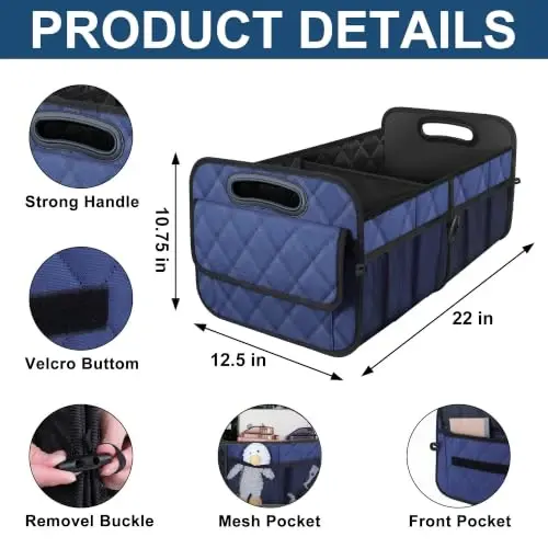Deosk Car Trunk Organizer for SUV, Car Organizers and Storage with Reinforced Handles, Car Accessories for Women/Men 50L Waterproof Polyester Trunk Organizer(Medium, Dark Blue) - 3