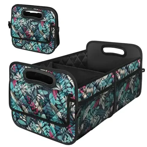 Deosk SUV uchun avtomobil yukxona tashkilotchisi, 6 ta katta cho'ntakli avtomobil tashkilotchilari va saqlash, avtomobil aksessuarlari ayollar/erkaklar 50L suv o'tkazmaydigan polyester avtomobil/SUV/miniven/yuk mashinasi (o'rta, barglar) 