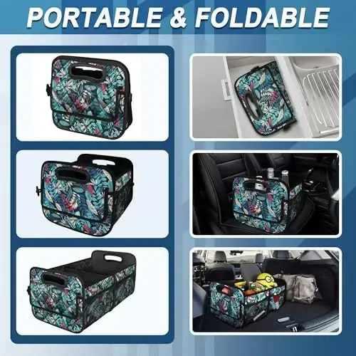 Deosk SUV uchun avtomobil yukxona tashkilotchisi, 6 ta katta cho'ntakli avtomobil tashkilotchilari va saqlash, avtomobil aksessuarlari ayollar/erkaklar 50L suv o'tkazmaydigan polyester avtomobil/SUV/miniven/yuk mashinasi (o'rta, barglar) - 4